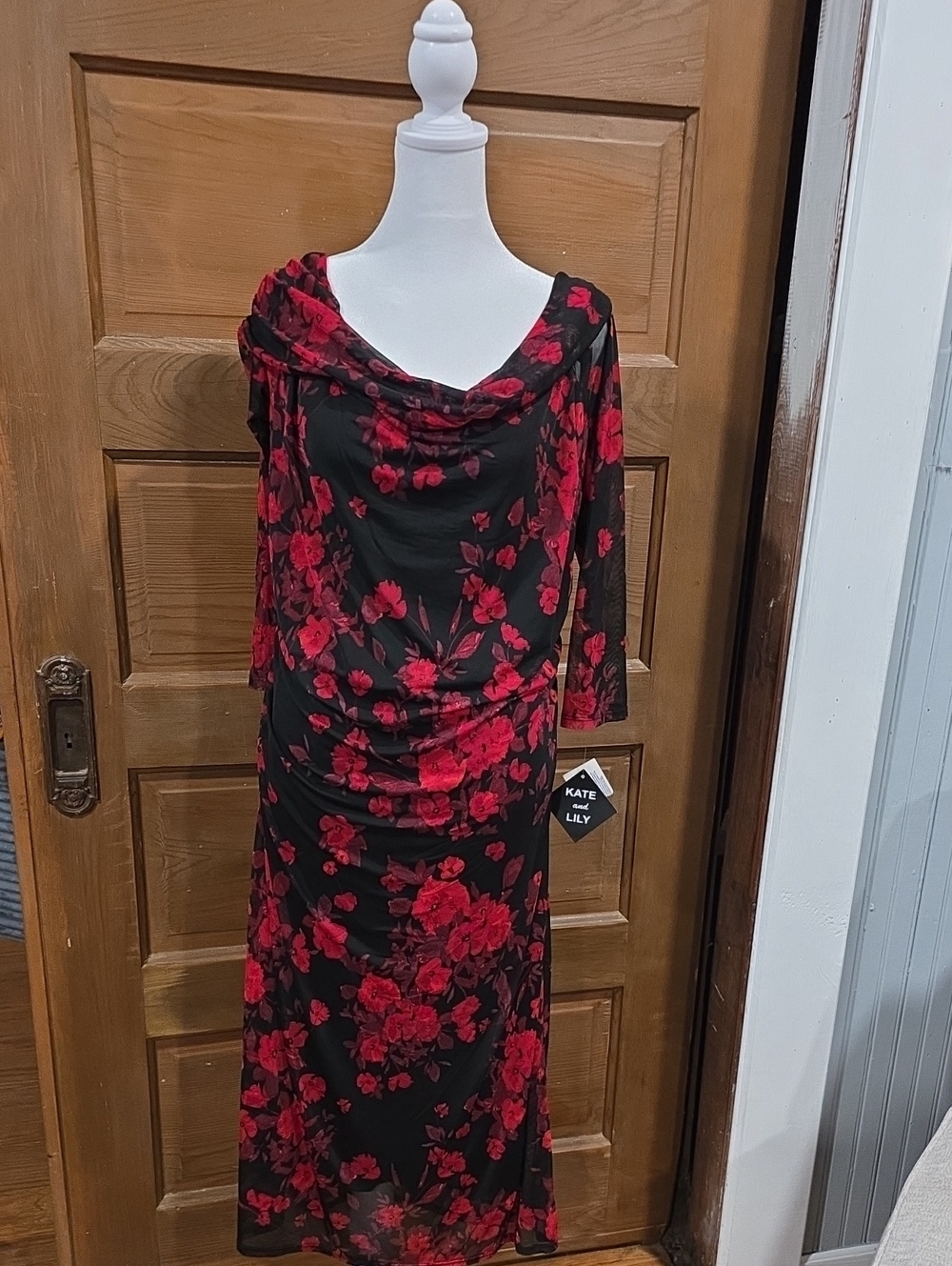 Kate & Lily Black Midi Dress with Red Floral Print and Cowl Neck